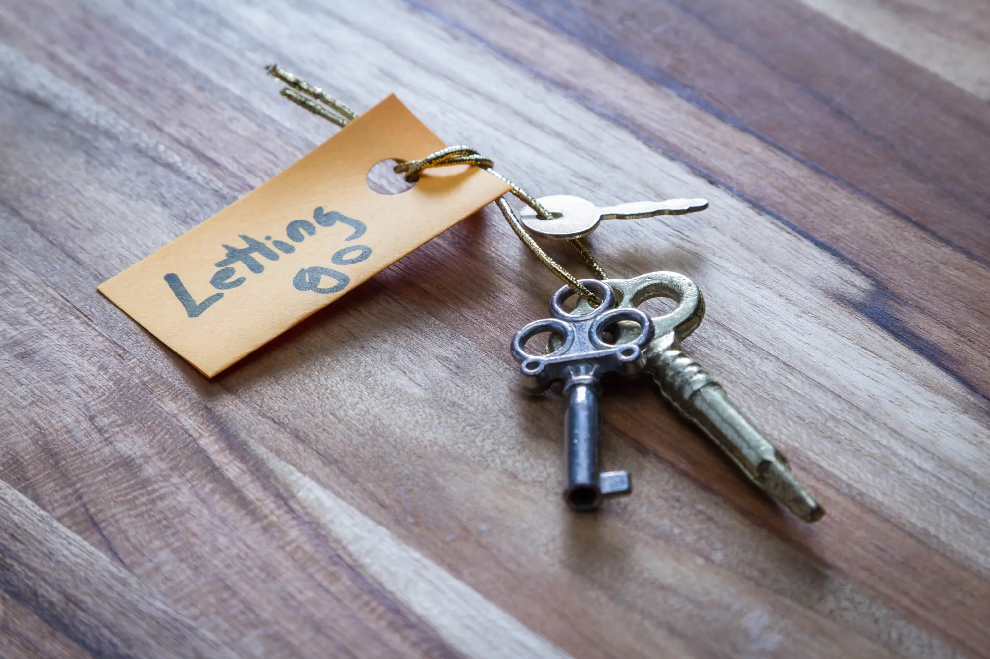 concept for a happy life using old decorative keys and a hand written tag attached by a golden cord