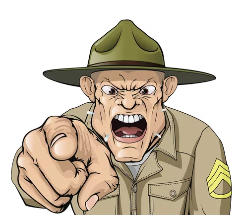 Illustration of cartoon angry looking army drill sergeant shouting at the viewer